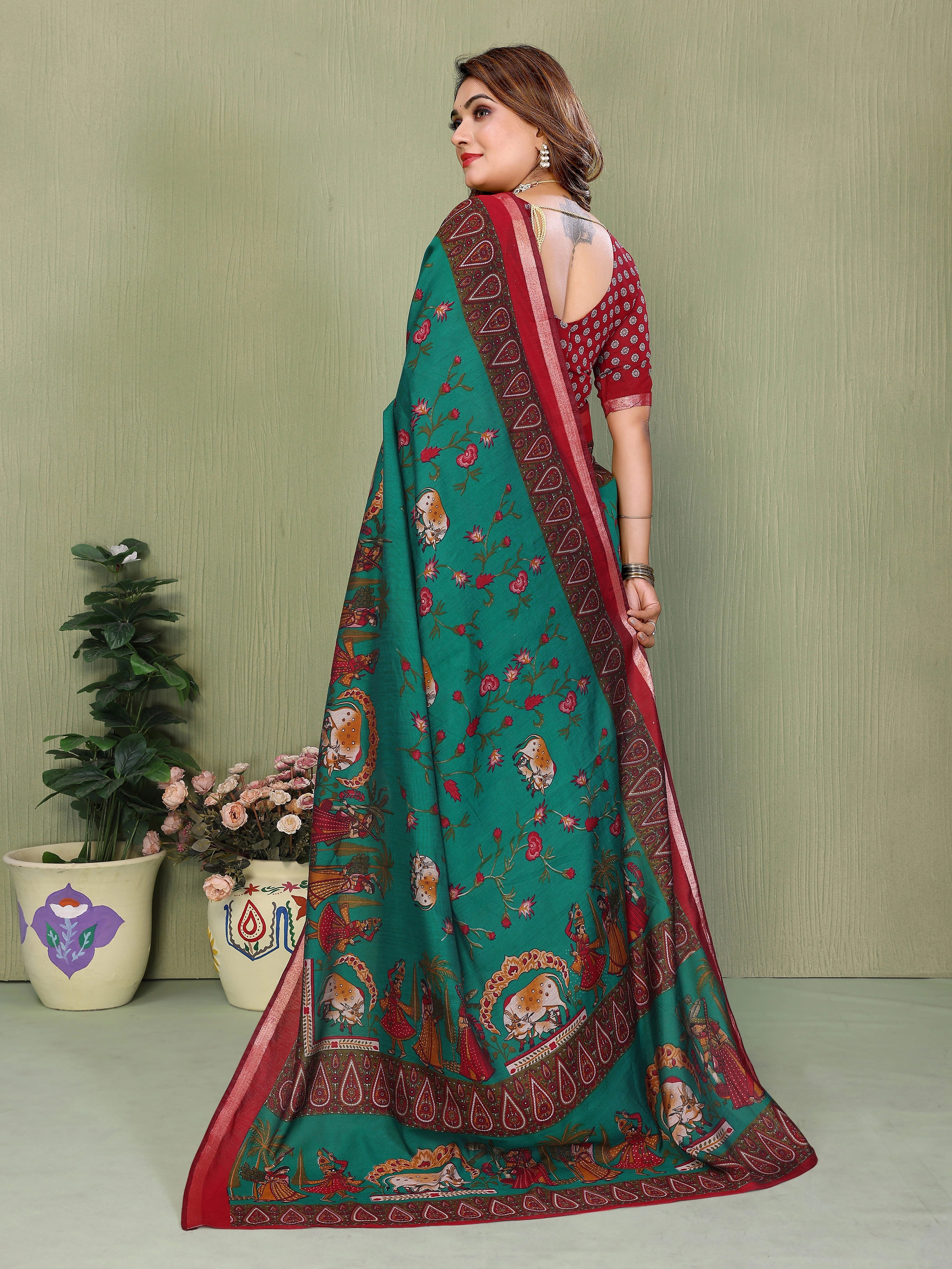 Kalamkari print green Mul cotton saree – Kalyanja.